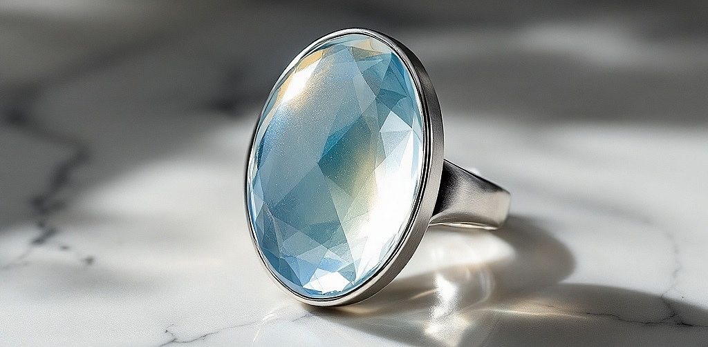 a hybrid ring featuring a polished plexiglass cabochon set in a brushed silver metal band