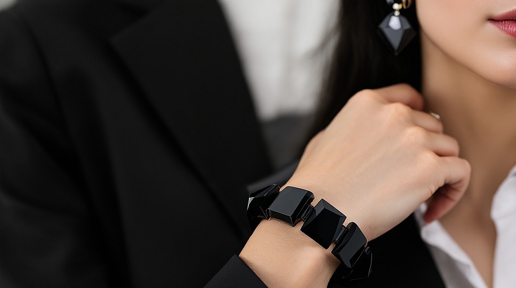 sleek geometric plexiglass earrings and a matching cuff bracelet in transparent black